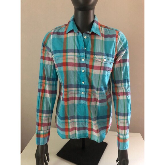 J.CREW Tops - J. CREW Button Down  Blue-Orange-Plaid Shirt Women's Size Small